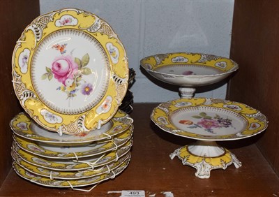 Lot 493 - A late 19th century German yellow ground part dessert service comprising two stands and six...