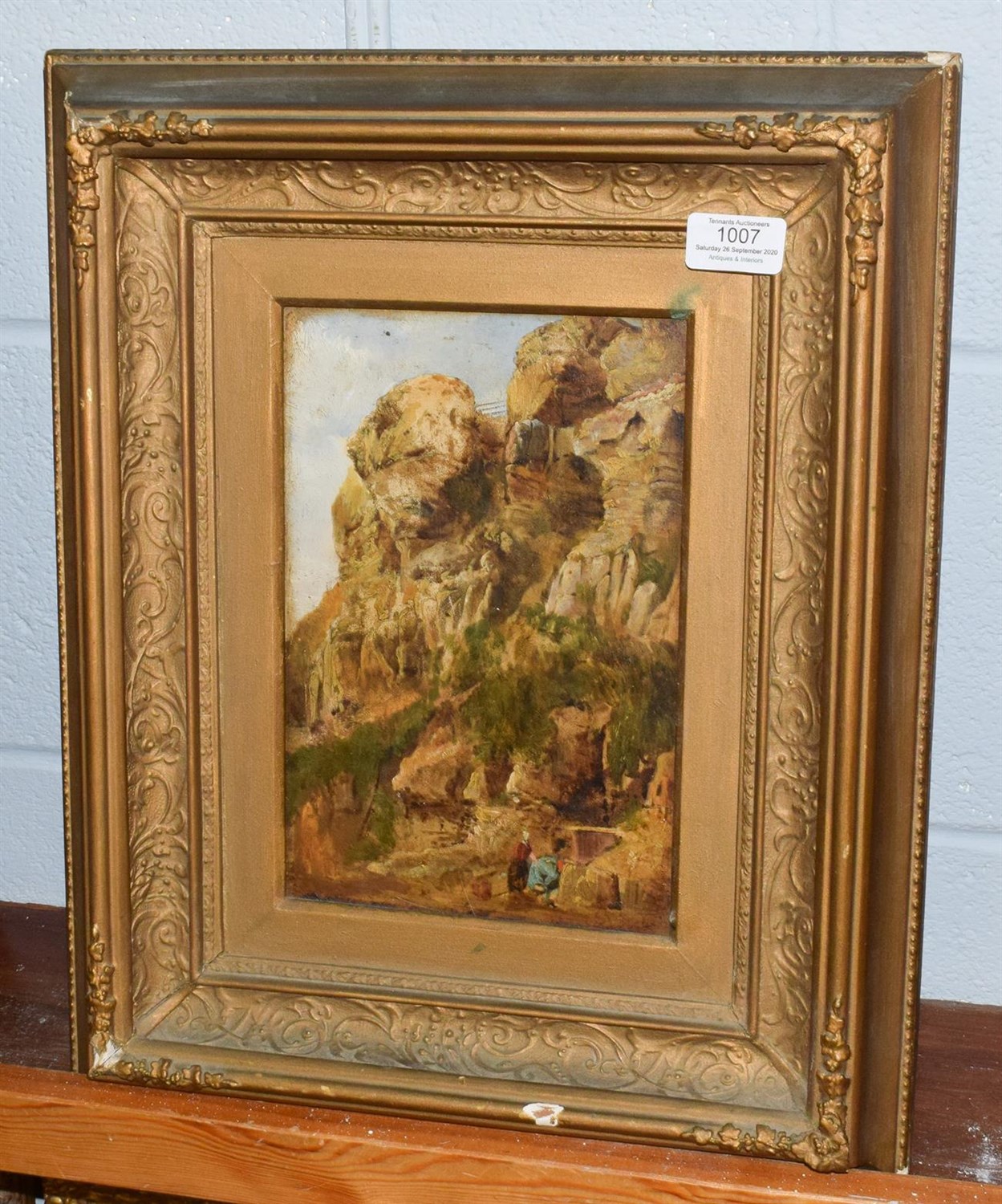 Lot 1007 - Continental School (19th Century) Mountain landscape with figures, oil on canvas, 25cm by 17cm
