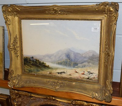 Lot 1008 - Scottish School (20th century) Highland landscape with recumbent stags, indistinctly signed and...
