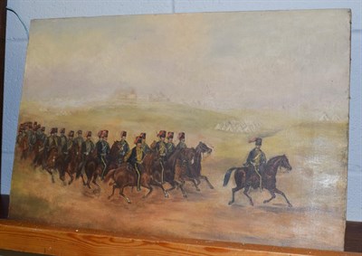 Lot 1009 - British School (19th century) Cavalry regiment before a camp, oil on canvas, 37.5cm by 54.5cm...