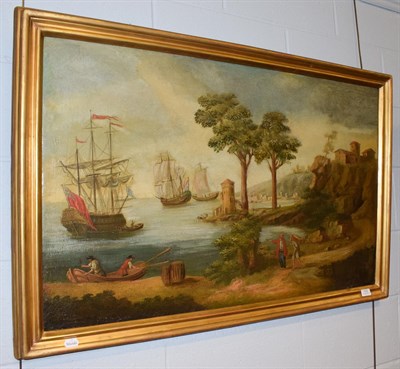 Lot 1019 - Manner of Claude Joseph Vernet (1714-1789) French harbour scene with figures loading ship, oil...