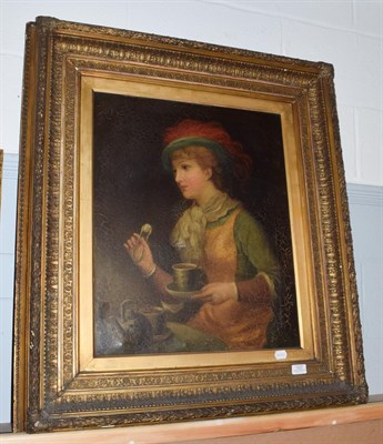 Lot 1022 - British School (19th Century) Young lady taking tea, oil on canvas, 62cm by 50cm