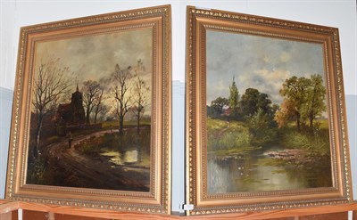 Lot 1023 - George Perrin (19th/20th century) Autumnal landscape with figure before a church, signed, oil...