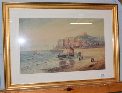 Lot 1025 - Austin Smith (Early 20th century) Whitby harbour and Abbey from Upgang, signed and dated 1918,...