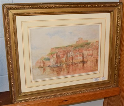 Lot 1026 - Alfred George Morgan (fl.1896-1919) Whitby Harbour and St Marys Church, signed, watercolour,...