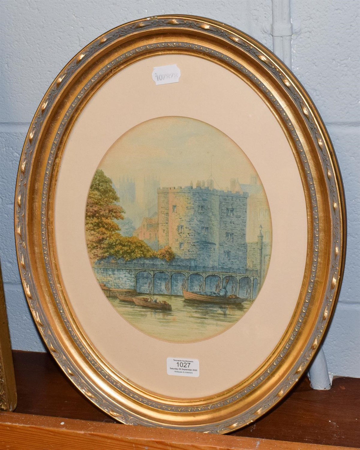Lot 1027 - Attributed to George Fall, Kendal water tower, watercolour, 21cm diameter (oval)