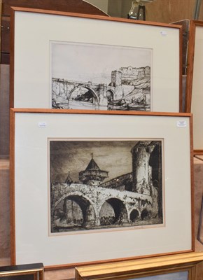 Lot 1047 - Sir Frank Brangwyn (1867-1959) Castle bridge and figures, signed in pencil, etching, together...