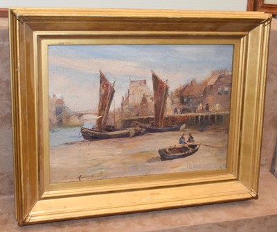 Lot 1052 - Horace Middleton (19th/20th century) Whitby Harbour at low tide, signed, oil on board, 24cm by 34cm