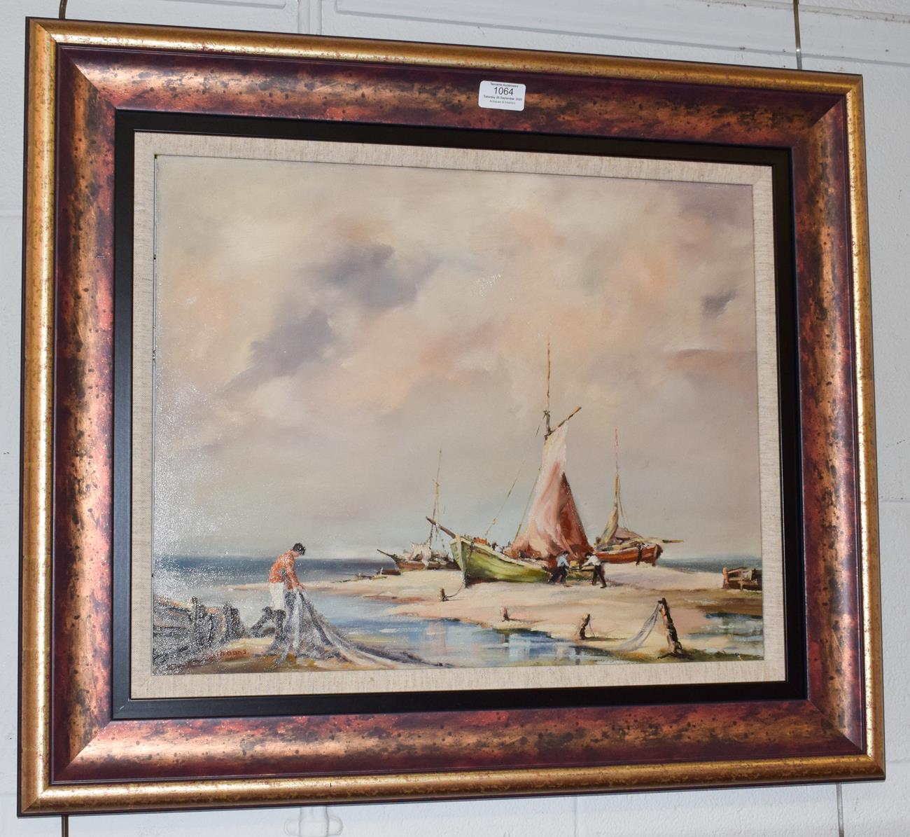 Lot 1064 - Gudrun Sibbons (b.1925) ''Mending the nets'' signed, oil on canvas board