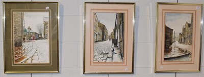 Lot 1070 - S* Hirst (20th century) Northern street scene with figure on bike, signed and dated 1927,...