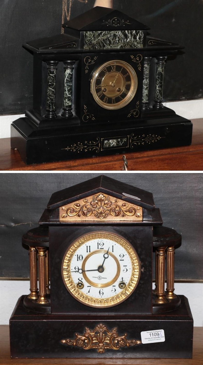 Lot 1109 - A Victorian black slate and marble striking mantel clock and a black painted metal striking...
