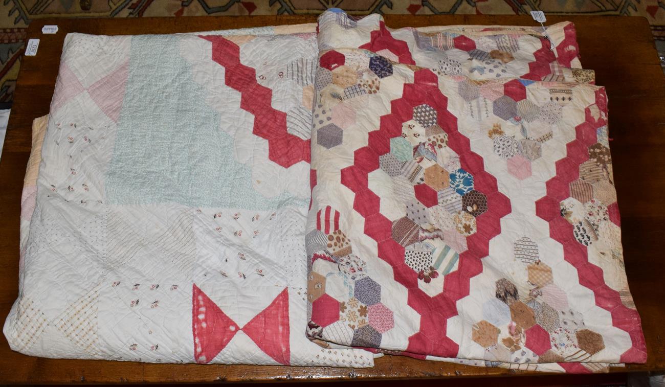 Lot 1119 - Late 19th century patchwork bed cover with red and white diamonds and another in pastel...