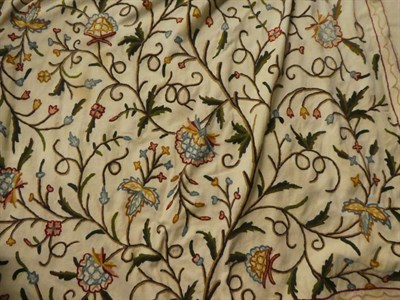 Lot 1122 - Two pairs of lined crewel work curtains, each curtain approx 220cm long by 260cm wide each,...