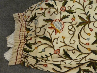 Lot 1123 - Two pairs of lined crewel work curtains, each curtain approx 220cm long by 260cm wide each together