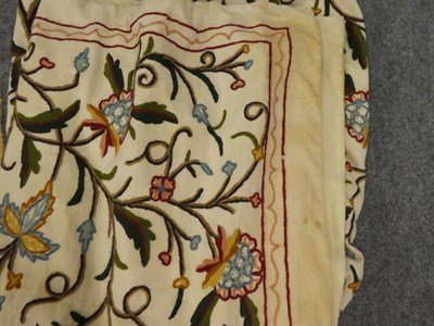 Lot 1123 - Two pairs of lined crewel work curtains, each curtain approx 220cm long by 260cm wide each together