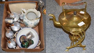 Lot 1160 - A brass Arts & Crafts kettle on stand, 28cm high, a six-piece Picquot ware tea and coffee...