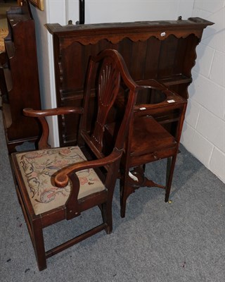 Lot 1200 - An oak Delft rack with three shelves; George III washstand; and an ash and elm armchair