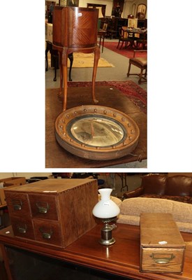 Lot 1221 - A convex mirror, Edwardian planter, small oil lamp and model of a sail boat, together with oak...