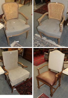 Lot 1222 - A pair of French style bergere with buttoned squab cushions, a 20th century armchair later...