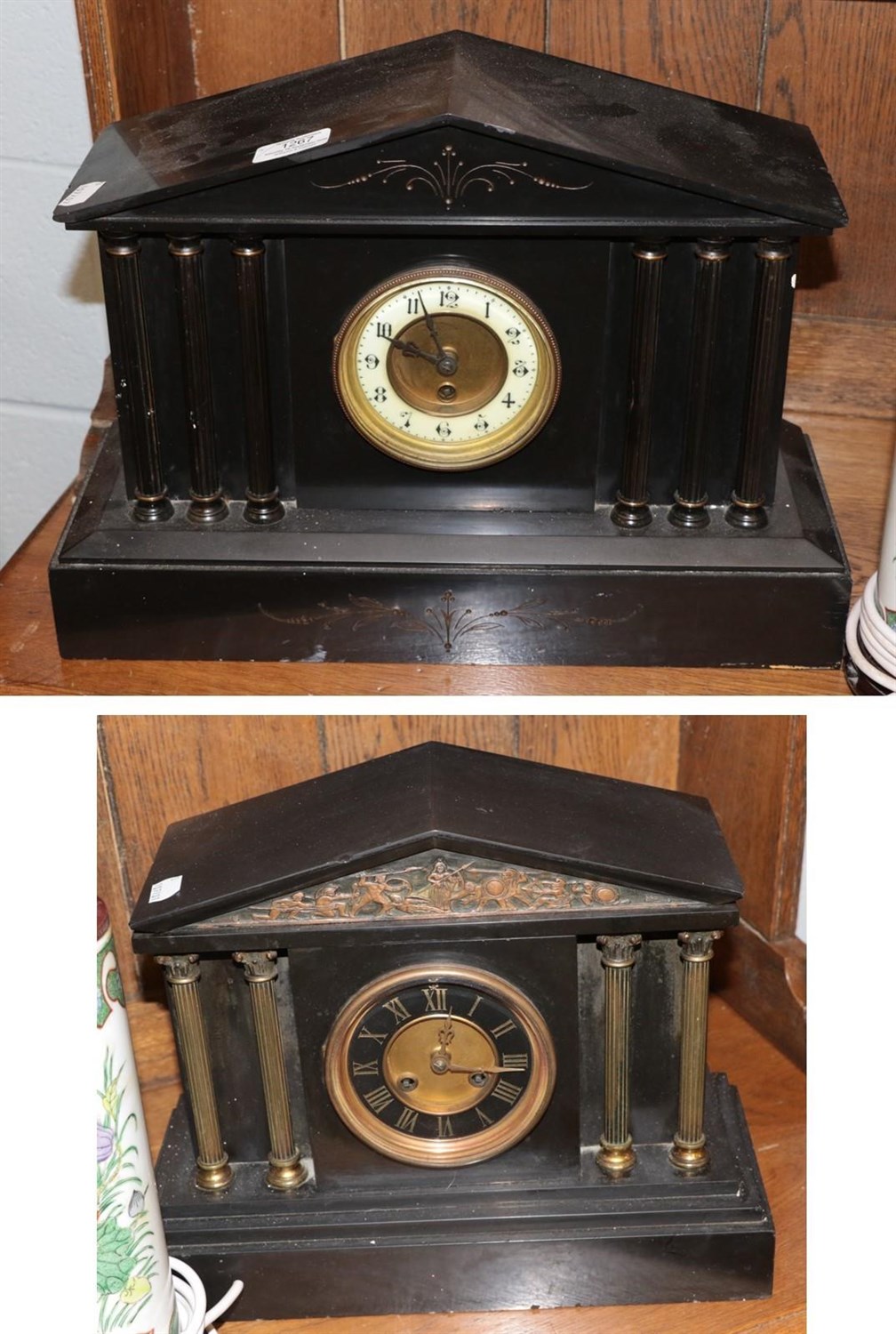 Lot 1267 - A Victorian black slate striking mantel clock with a Victorian black slate mantel timepiece