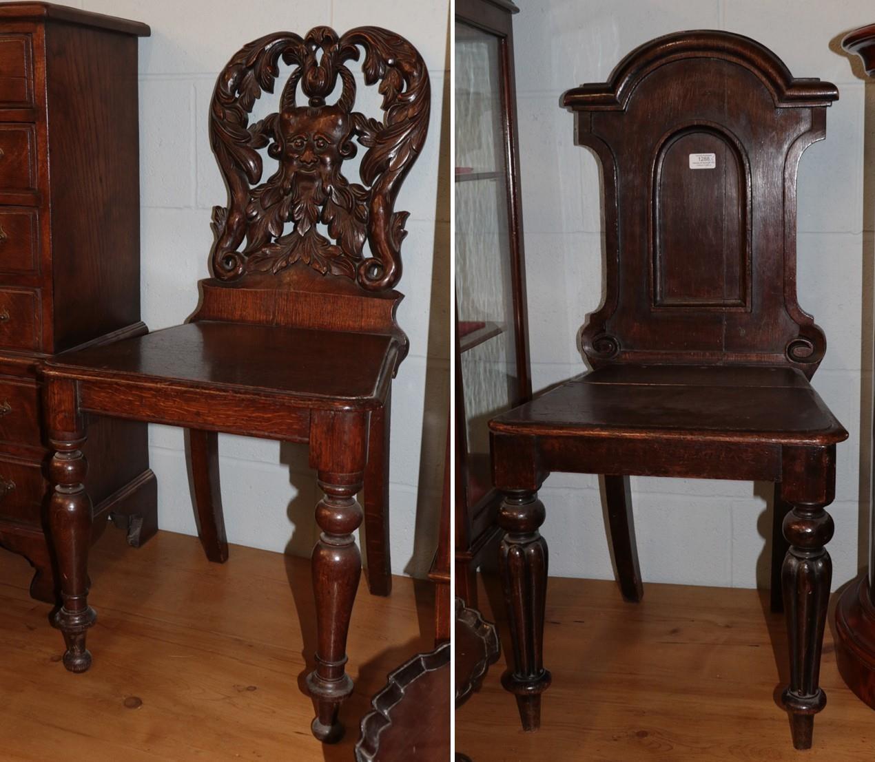 Lot 1288 - A Victorian carved oak hall chair and another Victorian hall chair with carved back support