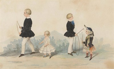 Lot 741 - English School (19th century) Study of four children, one dressed in Scottish costume Pencil...