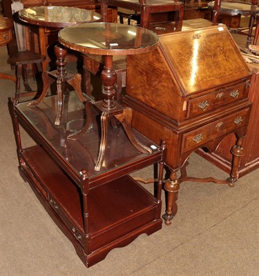 Lot 1303 - A 20th century walnut bureau, a pair of reproduction oval top tripod tables, reproduction...