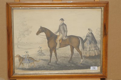 Lot 742 - English School (19th century) Gentlemen on horseback, a lady, children and a dog nearby Pencil...