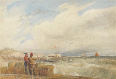 Lot 744 - David Cox Snr OWS (1783-1859) "Aberystwyth with Castle and Pier" Signed, inscribed on the...