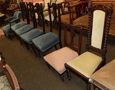 Lot 1334 - A set of four late Victorian stained beech salon chairs, tub chair upholstered to match, a...