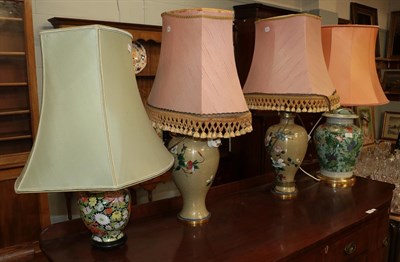 Lot 1365 - A pair of modern cloisonne enamel table lamps with shades, a large modern Chinese famille verte...