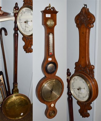 Lot 1370 - An oak cased aneroid barometer retailed by F. Richardson, Stockton on Tees, a 19th century mahogany