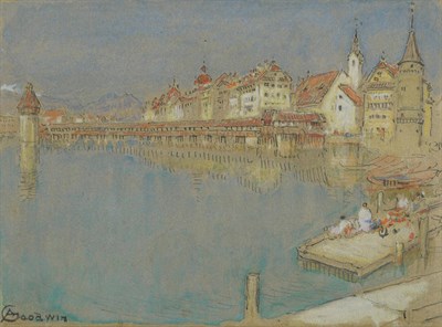 Lot 750 - Albert Goodwin RWS (1845-1932) View of Lucerne, with figures on a quay Signed, pencil, pen,...