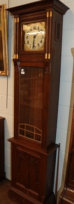 Lot 1405 - A 1930's veneered oak double weight driven longcase clock