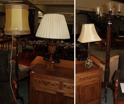 Lot 1419 - Carved mahogany standard lamp (adapted), a mahogany tripod standard lamp, a brass Corinthian column