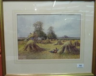 Lot 763 - C. Kipling (19th/20th century) Figures loading a horse-drawn hay cart Signed, watercolour, 24cm...