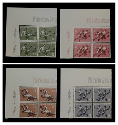 Lot 2093 - Liechtenstein 1954 Sg320/322 UMM Blocks of 4 with margin. Cat £370