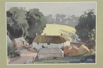 Lot 766 - Rowland Hilder PRI, RSMA (1905-1993) Kent farmstead Inscribed verso, pencil and watercolour, 23.5cm