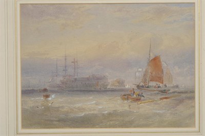 Lot 770 - Edwin Hayes RHA, RI (1820-1904) "Hulks in Portsmouth Harbour" Inscribed on an exhibition label...