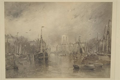 Lot 772 - George Sheffield Jnr (1839-1892) River landscape with barges and other shipping beside a bridge...