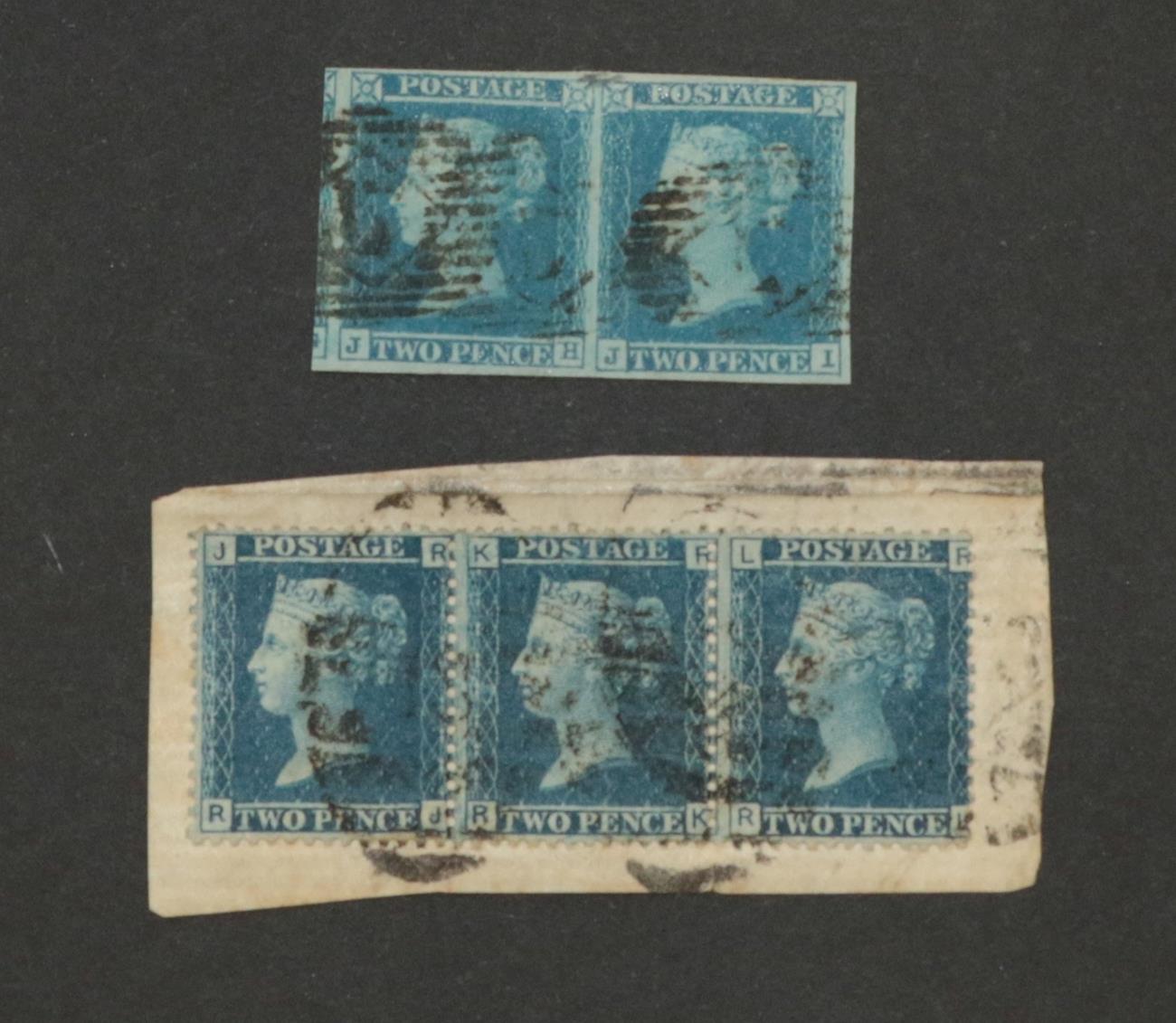 Lot 2187 - Sg14 2d Blue pair lettered JH.JI. 3 x Sg45 2d Blue plate 9 used trio on piece. 1862 Cover again...