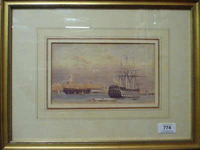 Lot 774 - English School (19th century) Man O'War and hulk at Greenwich Watercolour, 12.5cm by 21.5cm