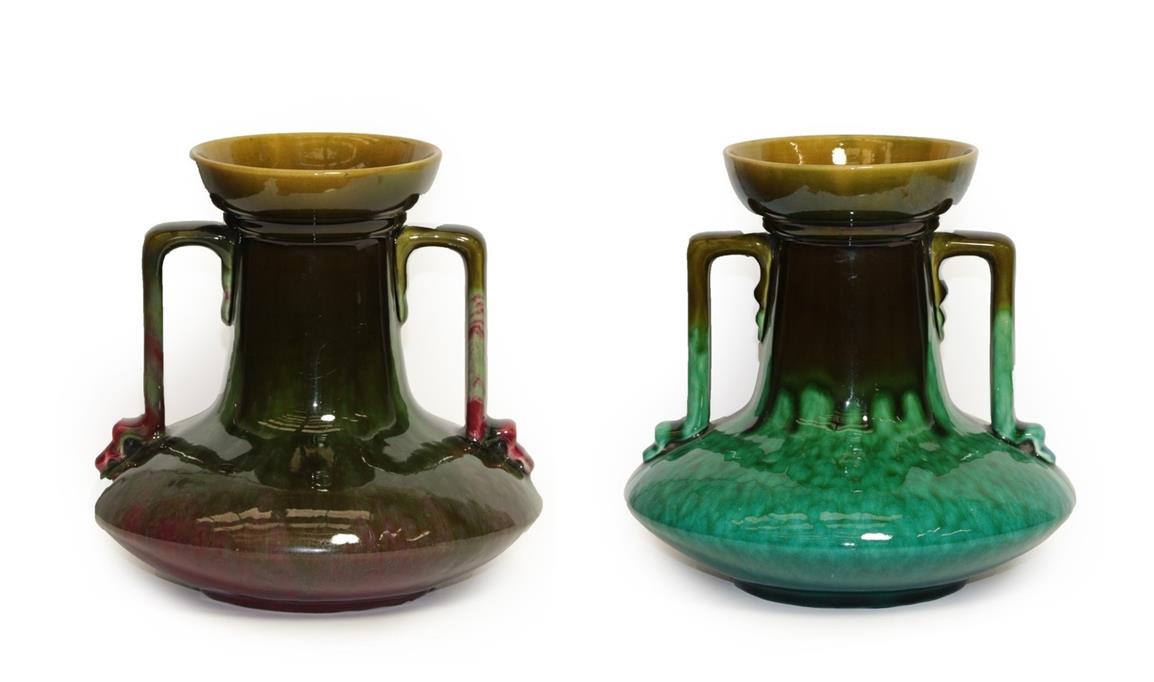 Lot 10 - A Linthorpe Pottery Twin-Handled Vase, shape 891, green and mustard glaze, impressed LINTHORPE...
