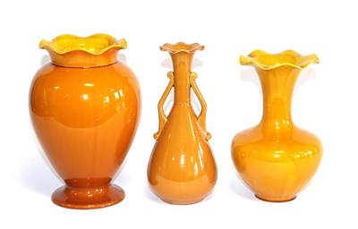 Lot 14 - A Linthorpe Pottery Twin-Handled Vase, shape 2076, with frilled rim in mustard glaze, impressed...