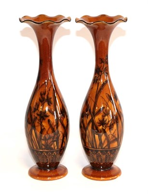 Lot 15 - A Pair of Linthorpe Pottery Vases, shape 1464, decorated by Fred Brown with bullrushes and...