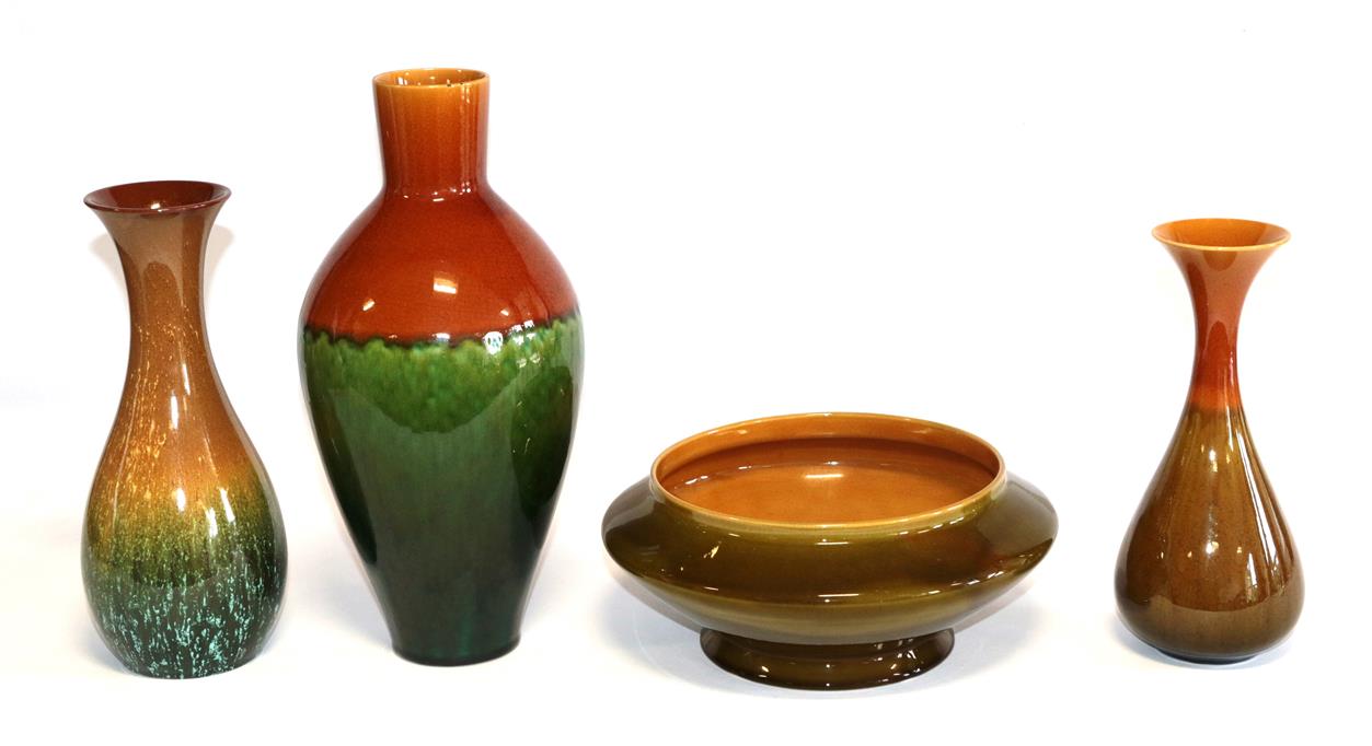 Lot 16 - Three Linthorpe Pottery Vases, shape 124, 376 and 1312, all in mustard and green, impressed factory