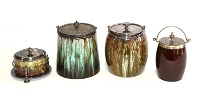 Lot 18 - Three Linthorpe Pottery Barrels, shape 913, 1353 and 945, all with electroplated handles and...