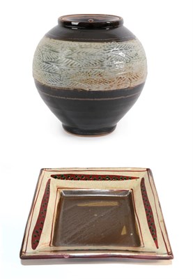 Lot 27 - David Frith (b.1943): A Square Stoneware Footed Dish, tenmoku centre and celadon border with...