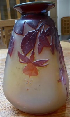 Lot 37 - An Emile Gallé Cameo Glass Vase, acid etched with fuchsia, in tones of red on an orange...