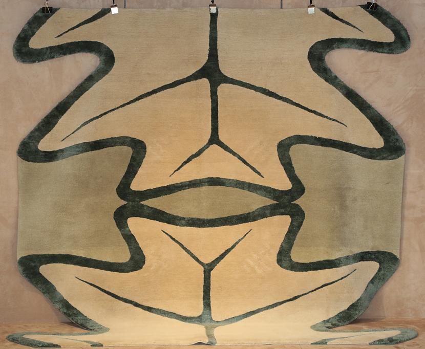 Lot 51 - Deirdre Dyson: An Abstract Oak Leaf Rug, hand knotted wool, in oatmeal, dark green and sage,...